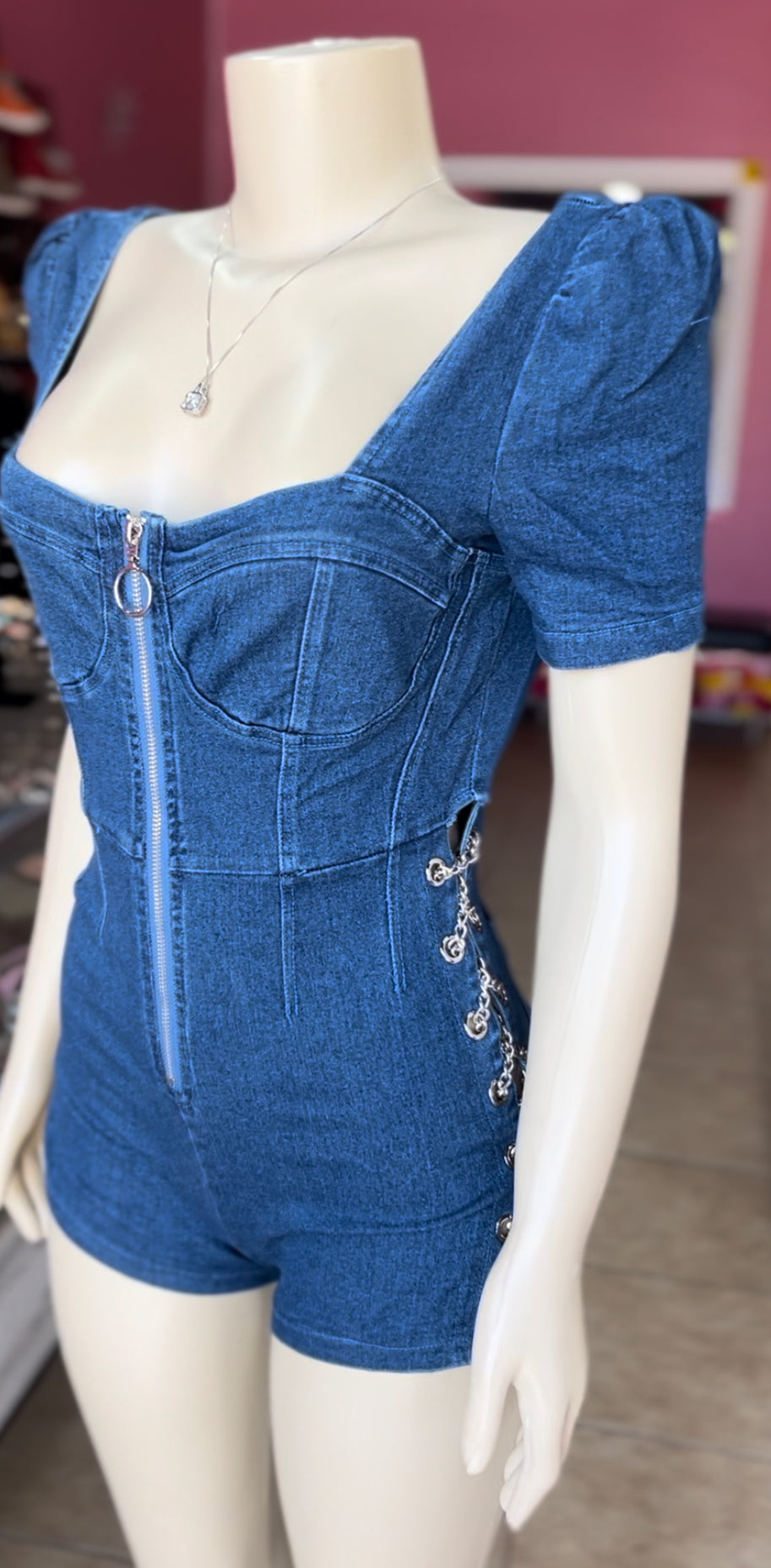 Chained denim romper